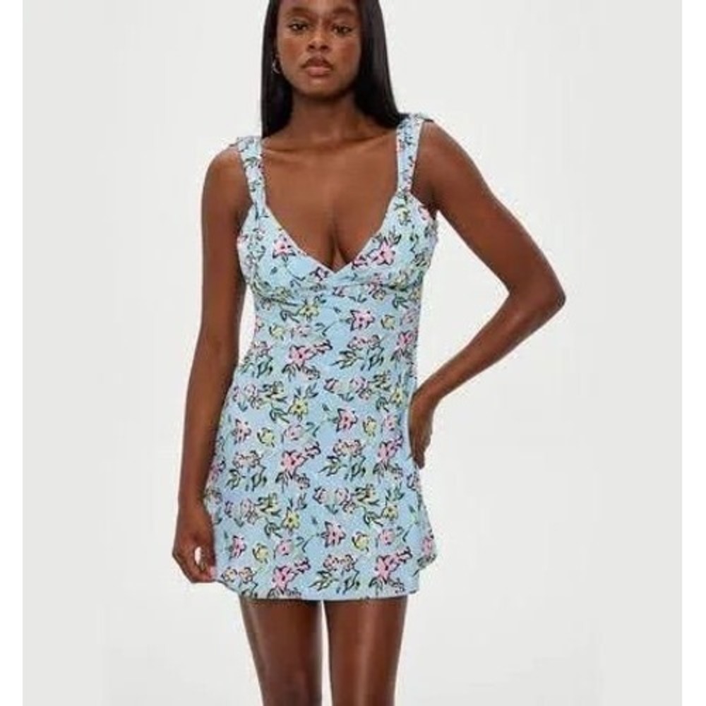 Frankies Bikinis Emilia Satin Floral Mini Dress (MSRP: $195) Size Small